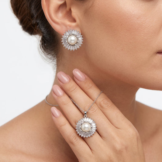 White pearl silver sunburst necklace and earrings set