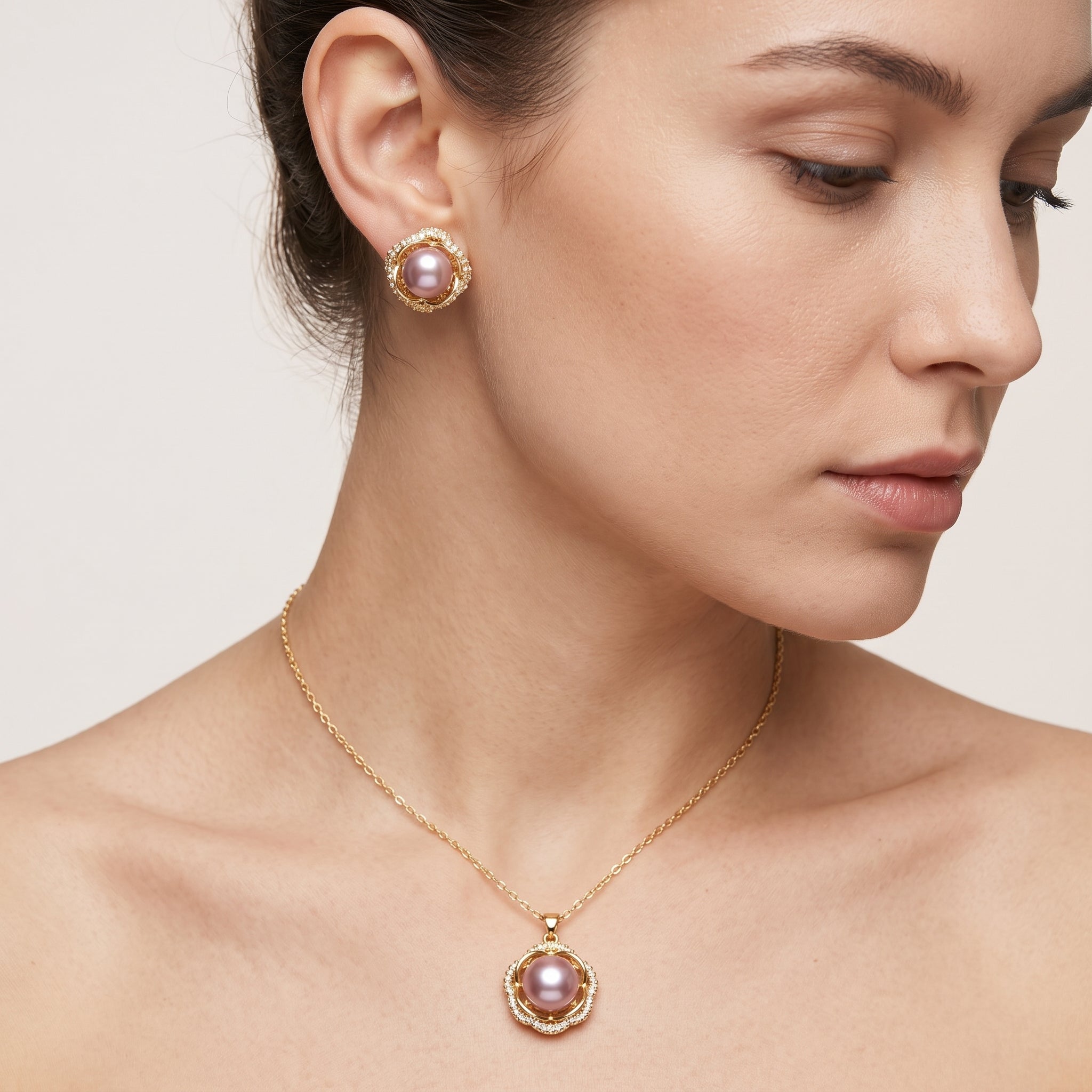 Lavender pearl gold floral halo necklace and earrings