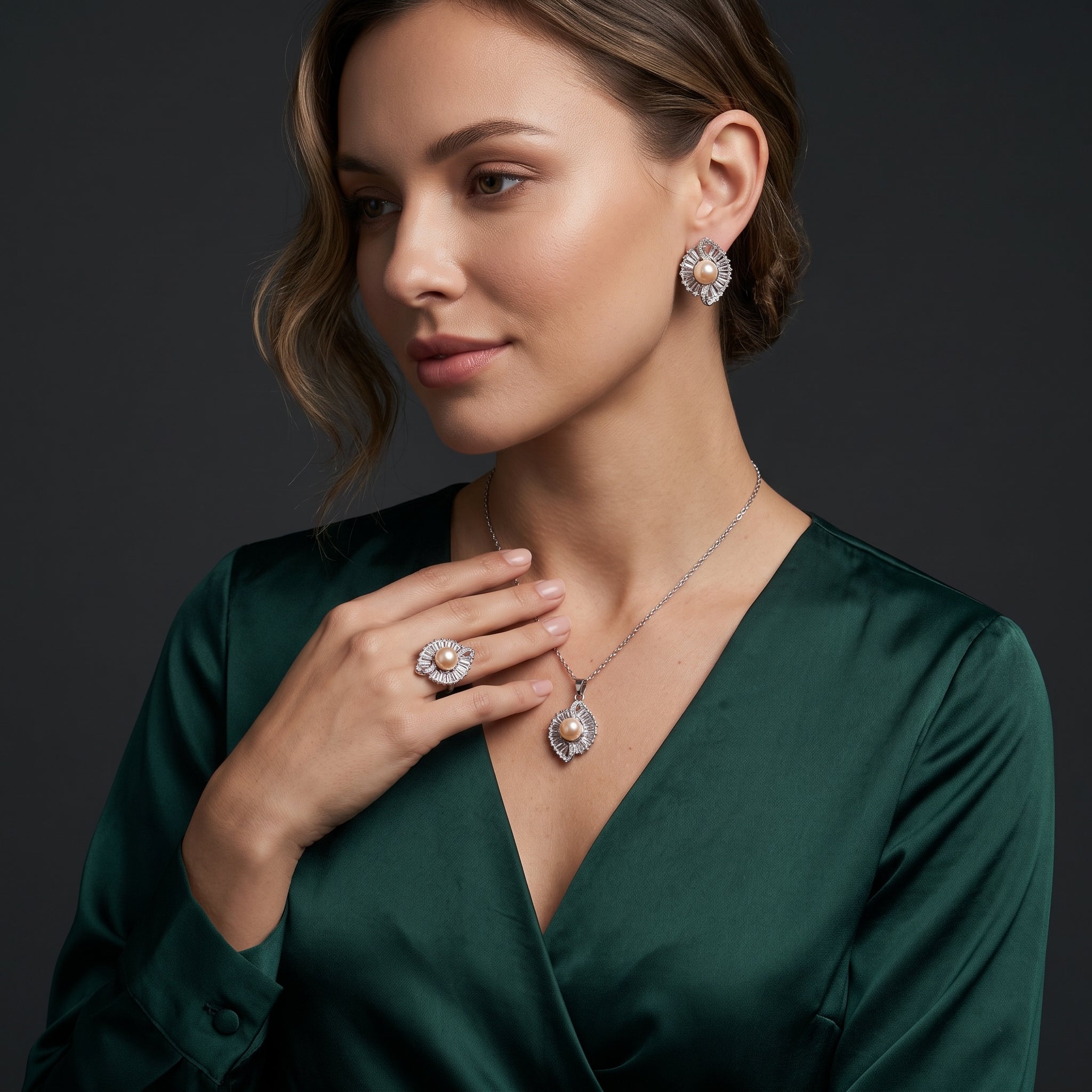 Champagne pearl baguette leaf jewelry set