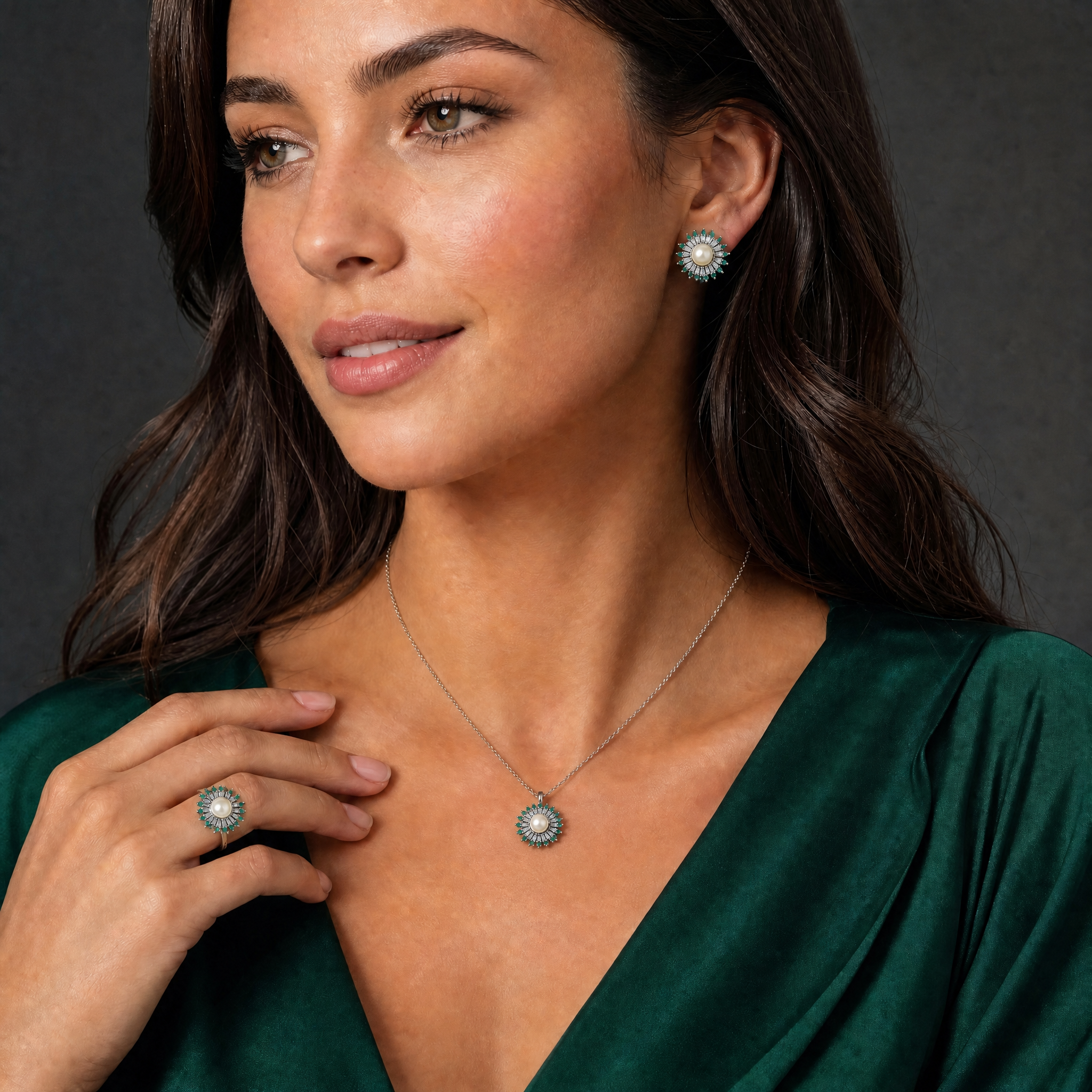 White pearl emerald sunburst necklace, earrings and ring set