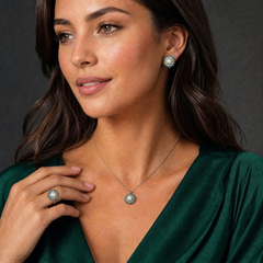 White pearl emerald sunburst necklace, earrings and ring set