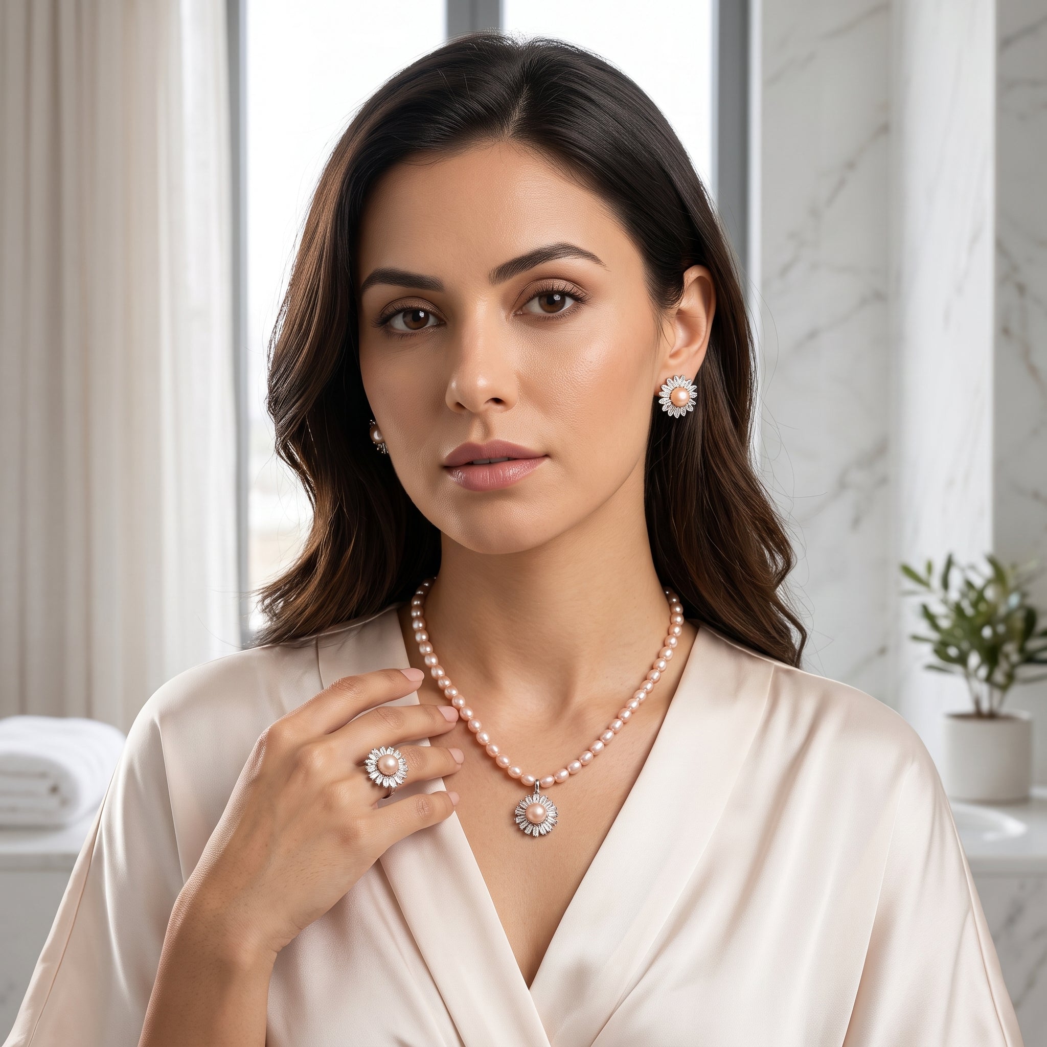 Pearl strand sunburst necklace, earrings and ring set