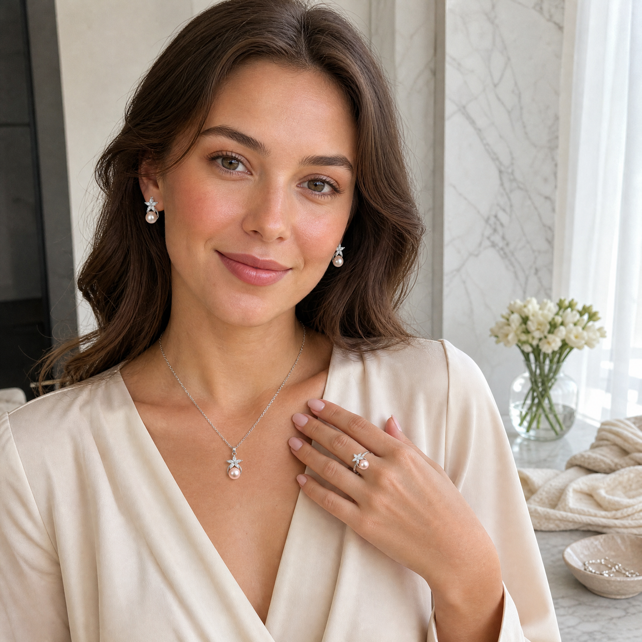 Blush pearl marquise flower jewelry set