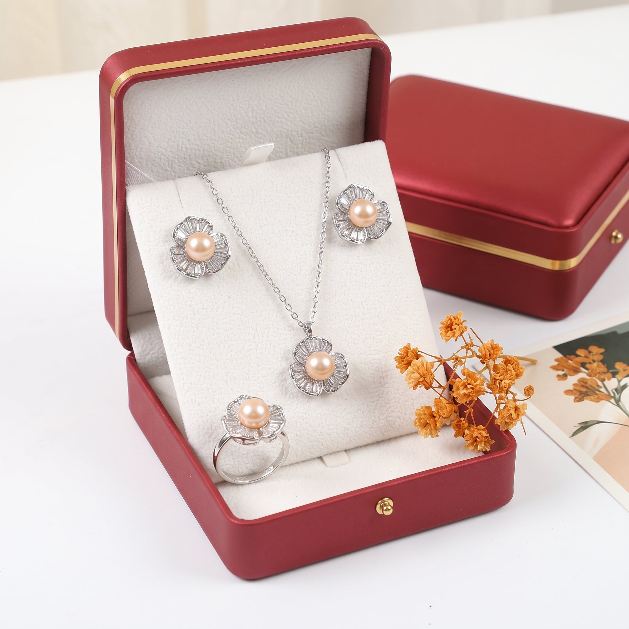 Peach pearl baguette petal flower jewelry set