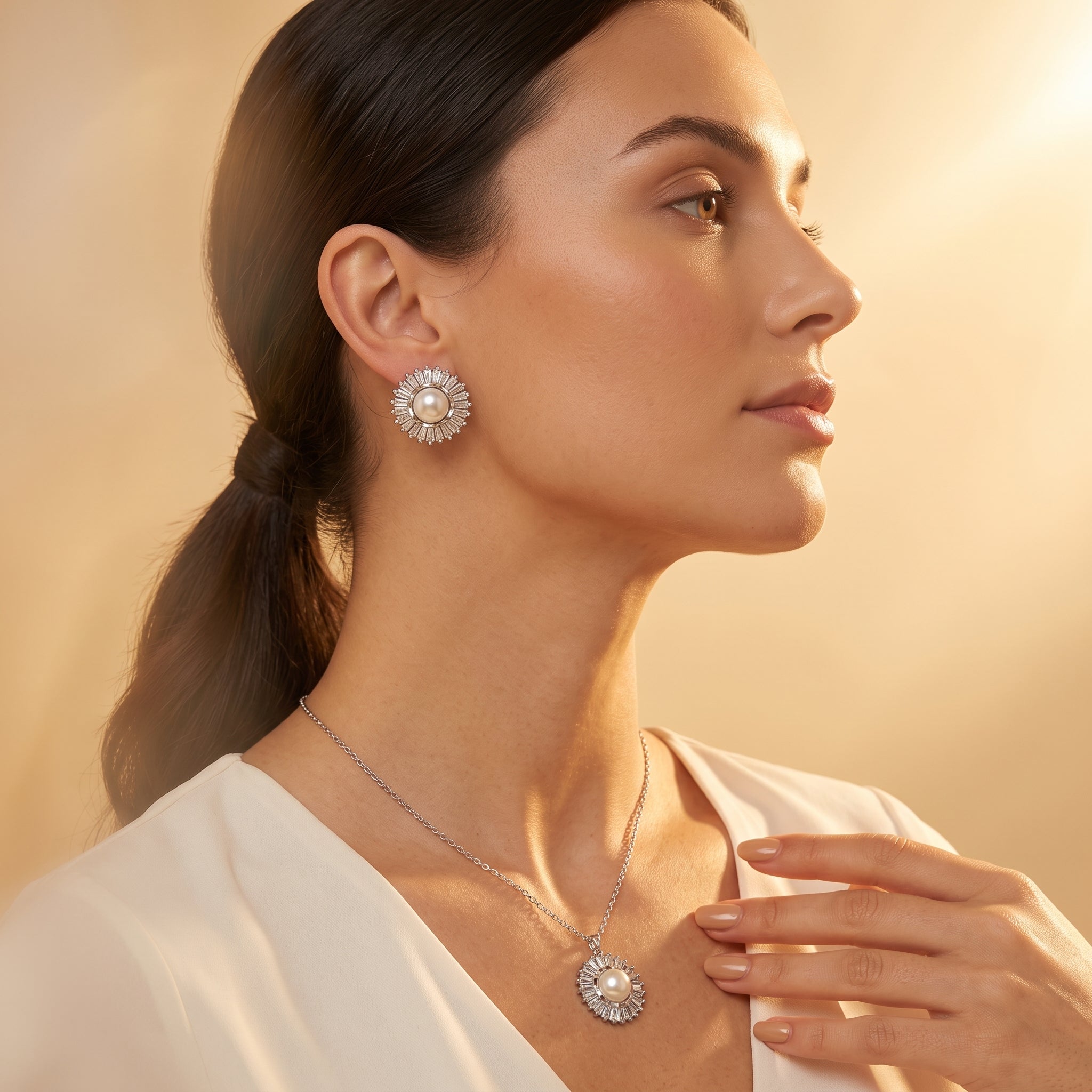 White pearl silver sunburst necklace and earrings set
