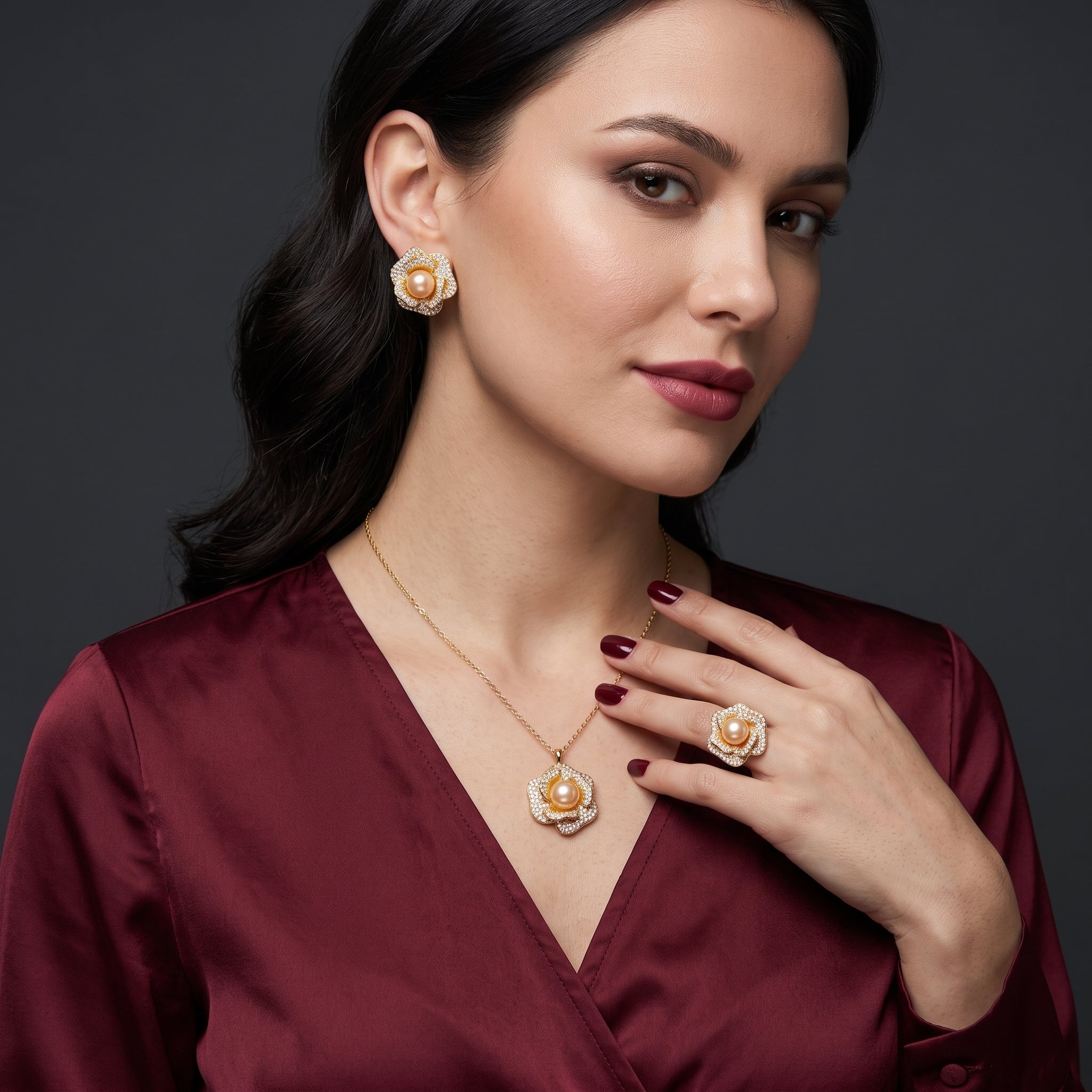 Golden pearl rose flower necklace, earrings and ring set