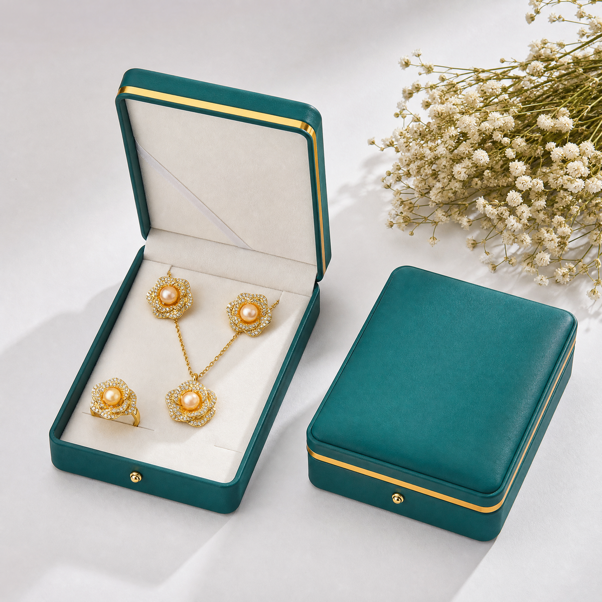 Golden pearl rose flower necklace, earrings and ring set
