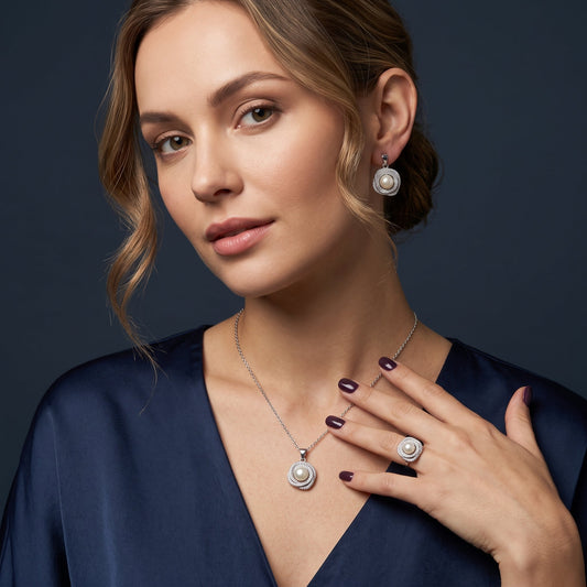 White pearl swirl rosette necklace, earrings and ring set