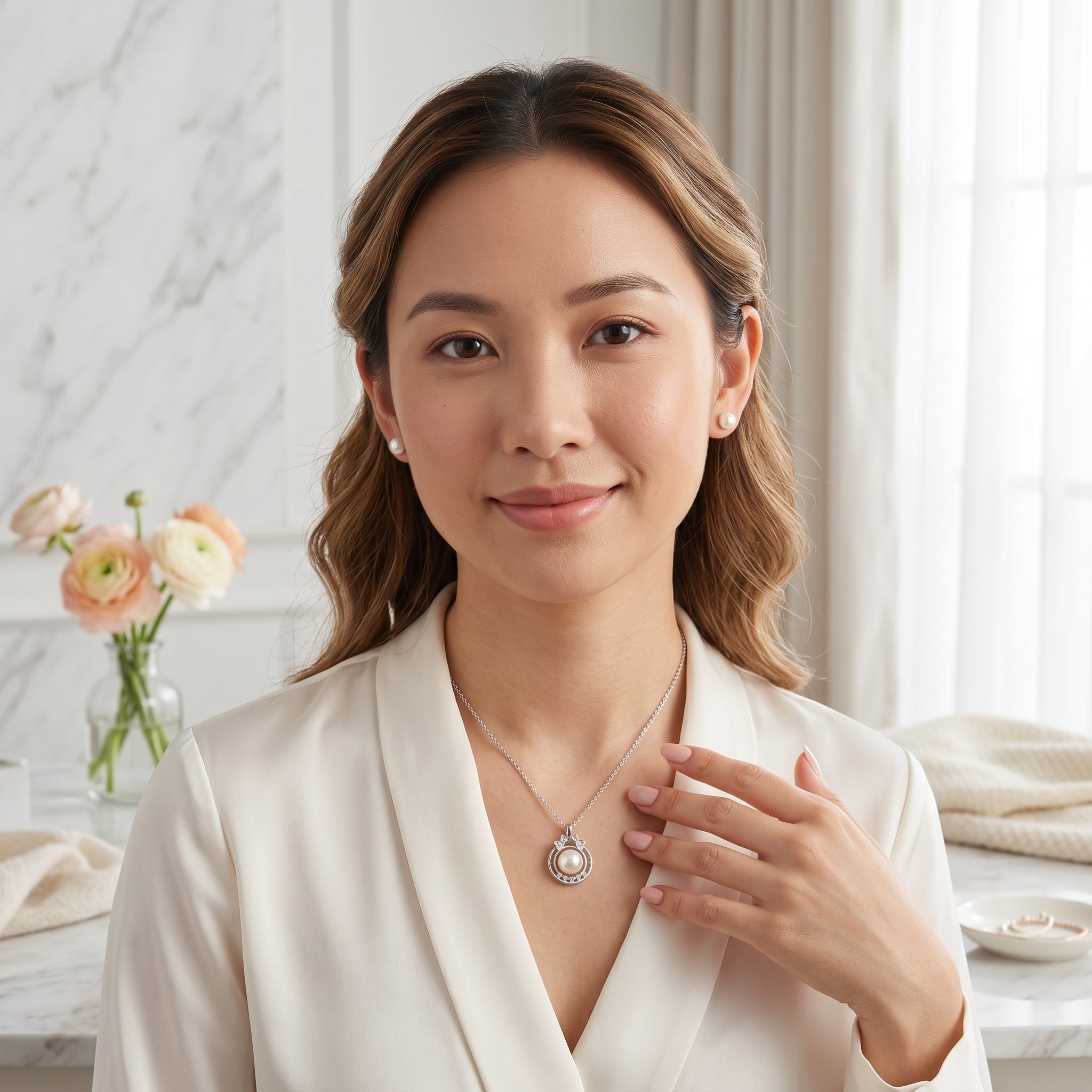 Pearl circle halo pendant necklace and stud earrings set