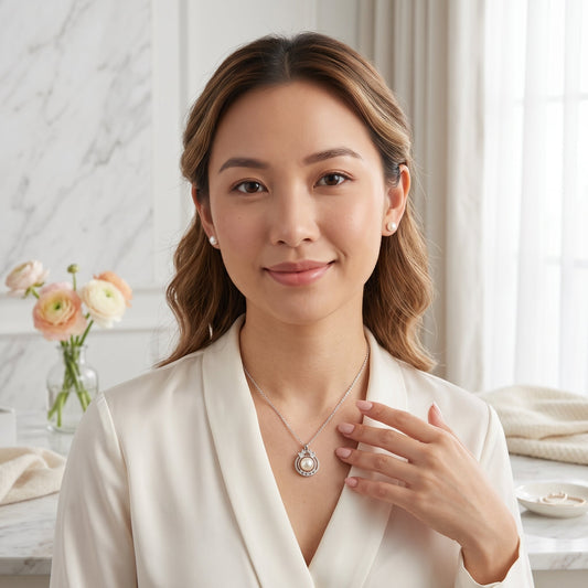 Pearl circle halo pendant necklace and stud earrings set
