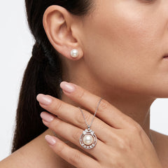 Pearl circle halo pendant necklace and stud earrings set