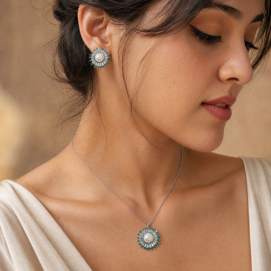 White pearl emerald sunburst necklace, earrings and ring set