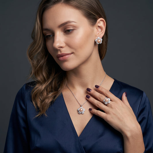 Pink pearl flower necklace, earrings and ring set