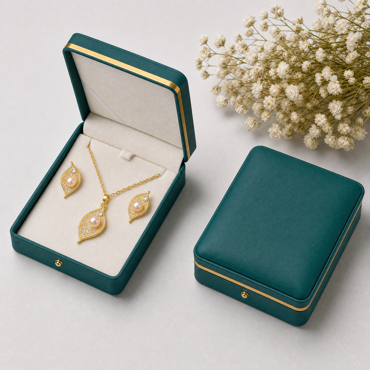 Real pearl gold leaf necklace and earrings set