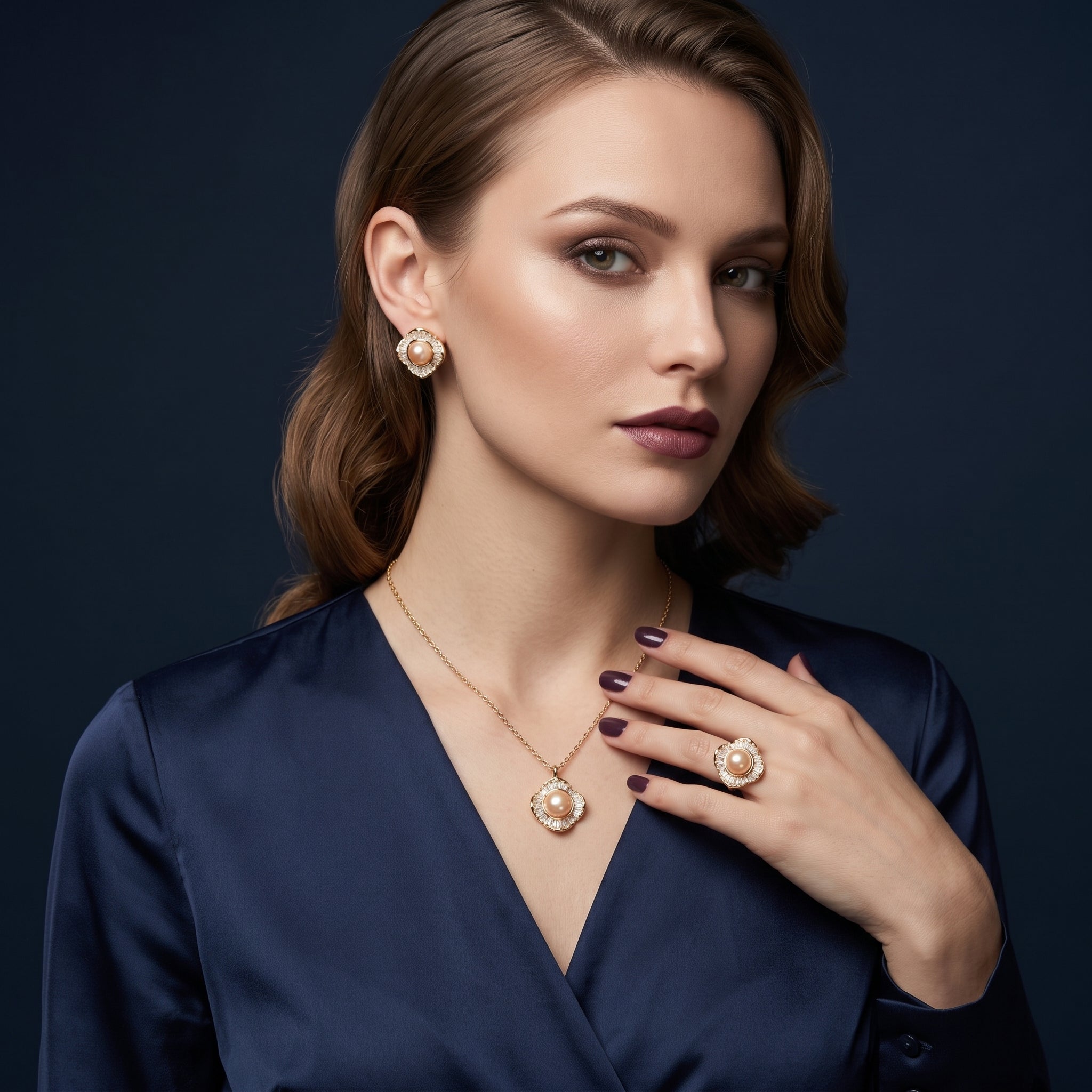 Real pearl gold square halo necklace, earrings and ring set