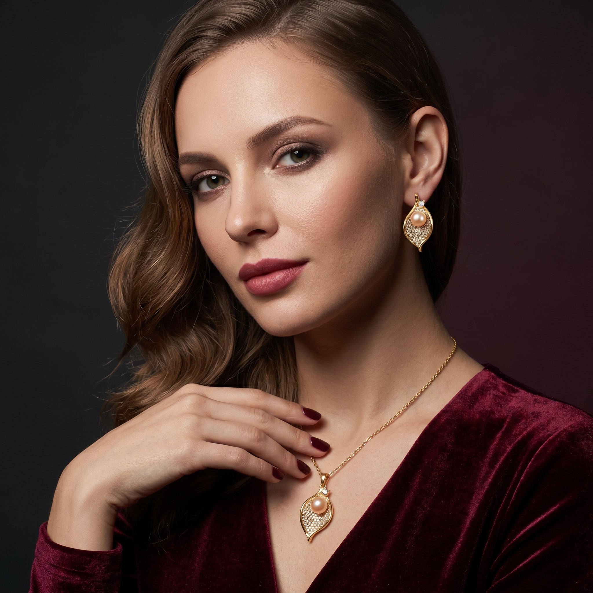 Real pearl gold leaf necklace and earrings set