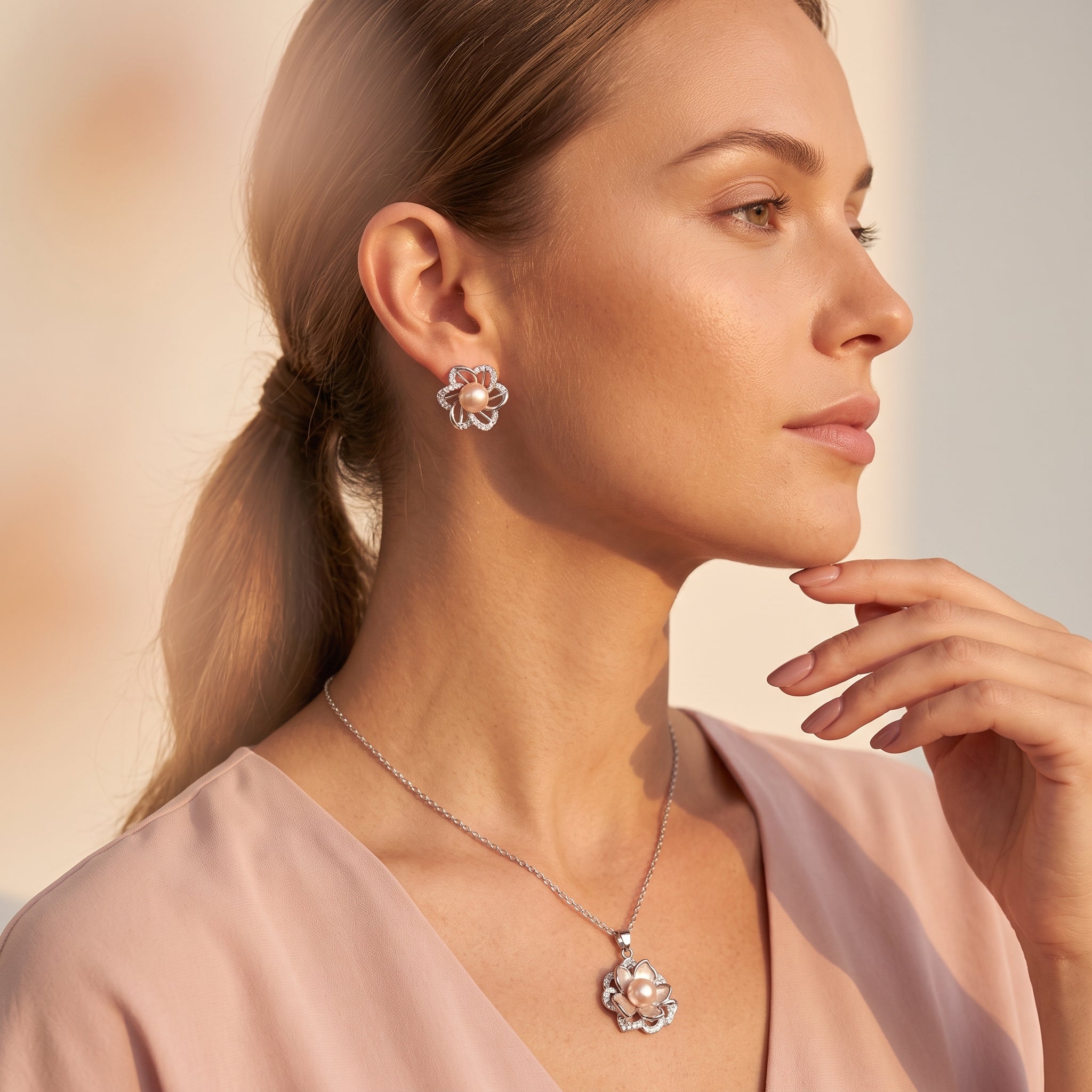 Pink pearl mother-of-pearl flower necklace and earrings set