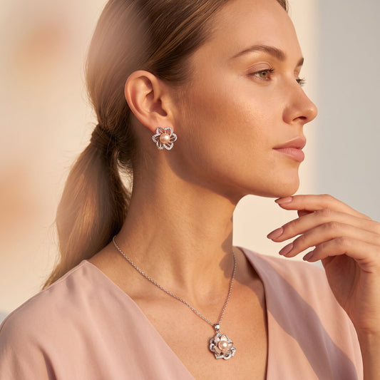 Pink pearl mother-of-pearl flower necklace and earrings set