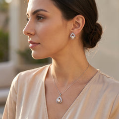 White pearl baguette teardrop necklace and earrings set