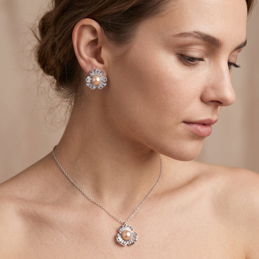 Peach pearl baguette petal flower jewelry set