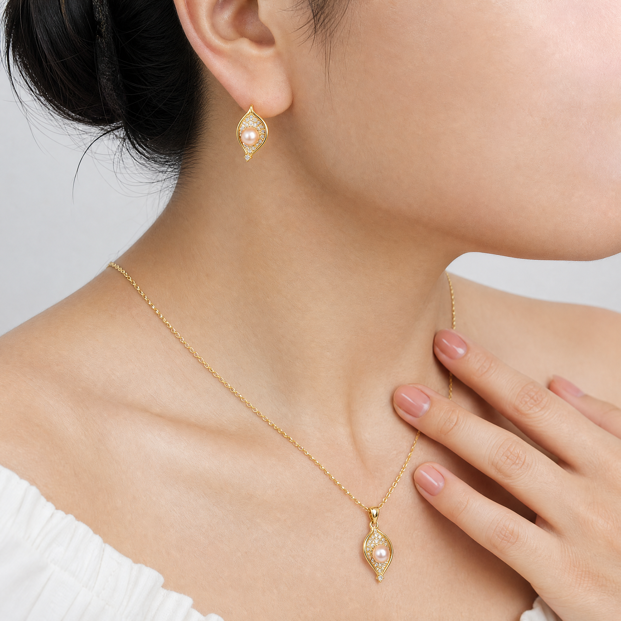 Real pearl gold leaf necklace and earrings set