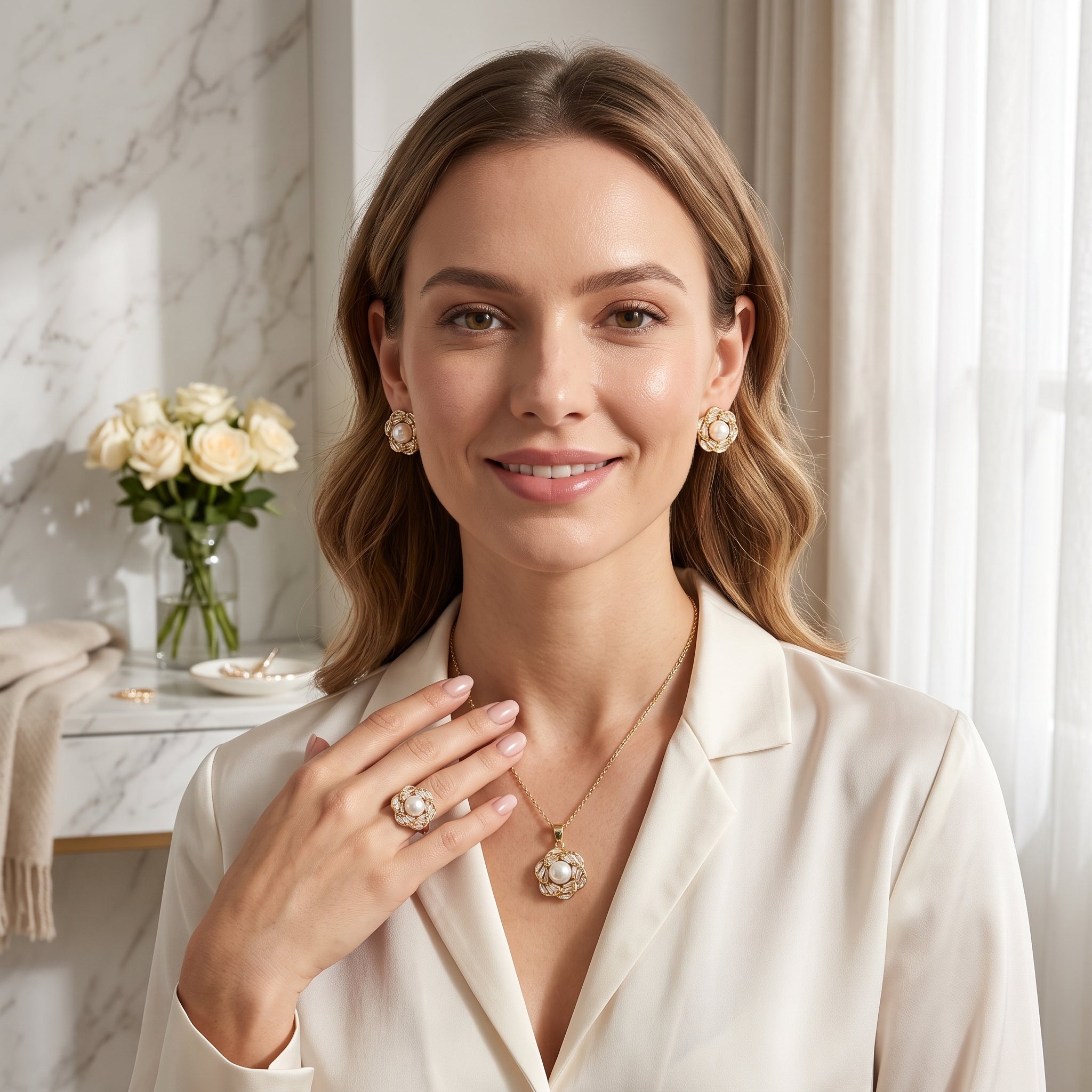 White pearl gold woven flower jewelry set