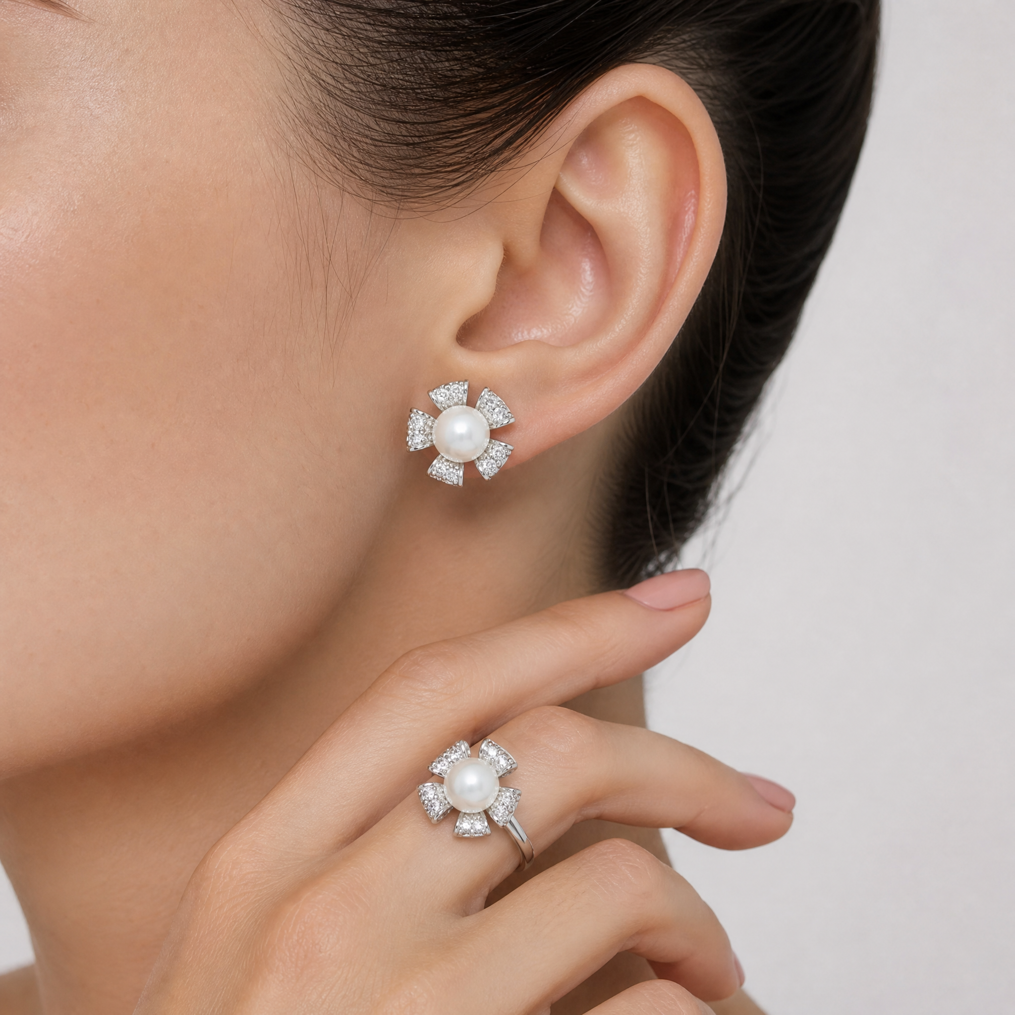 Real pearl silver pinwheel flower jewelry set