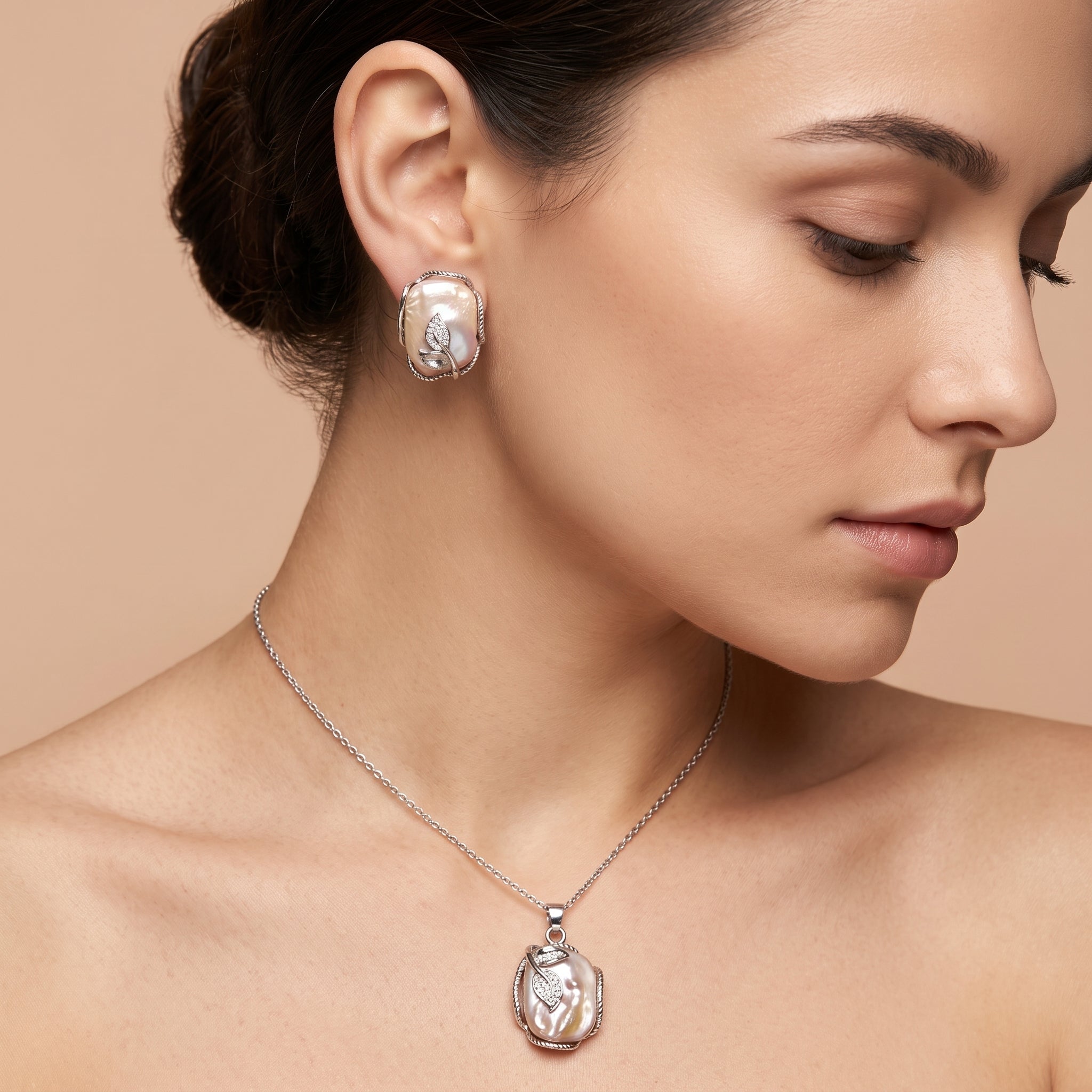 Blush baroque pearl silver vine jewelry set