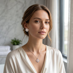 Peach pearl baguette clover flower necklace and earrings