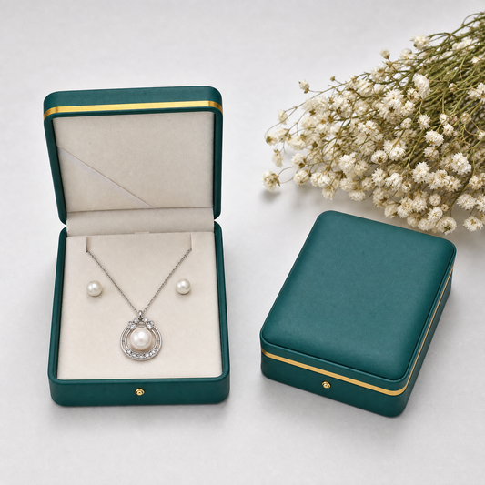 Pearl circle halo pendant necklace and stud earrings set