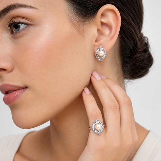 Champagne pearl baguette leaf jewelry set