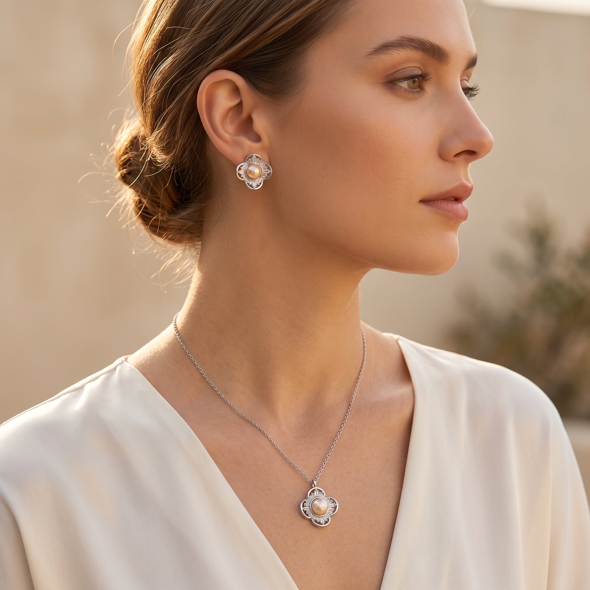 Peach pearl baguette clover flower necklace and earrings