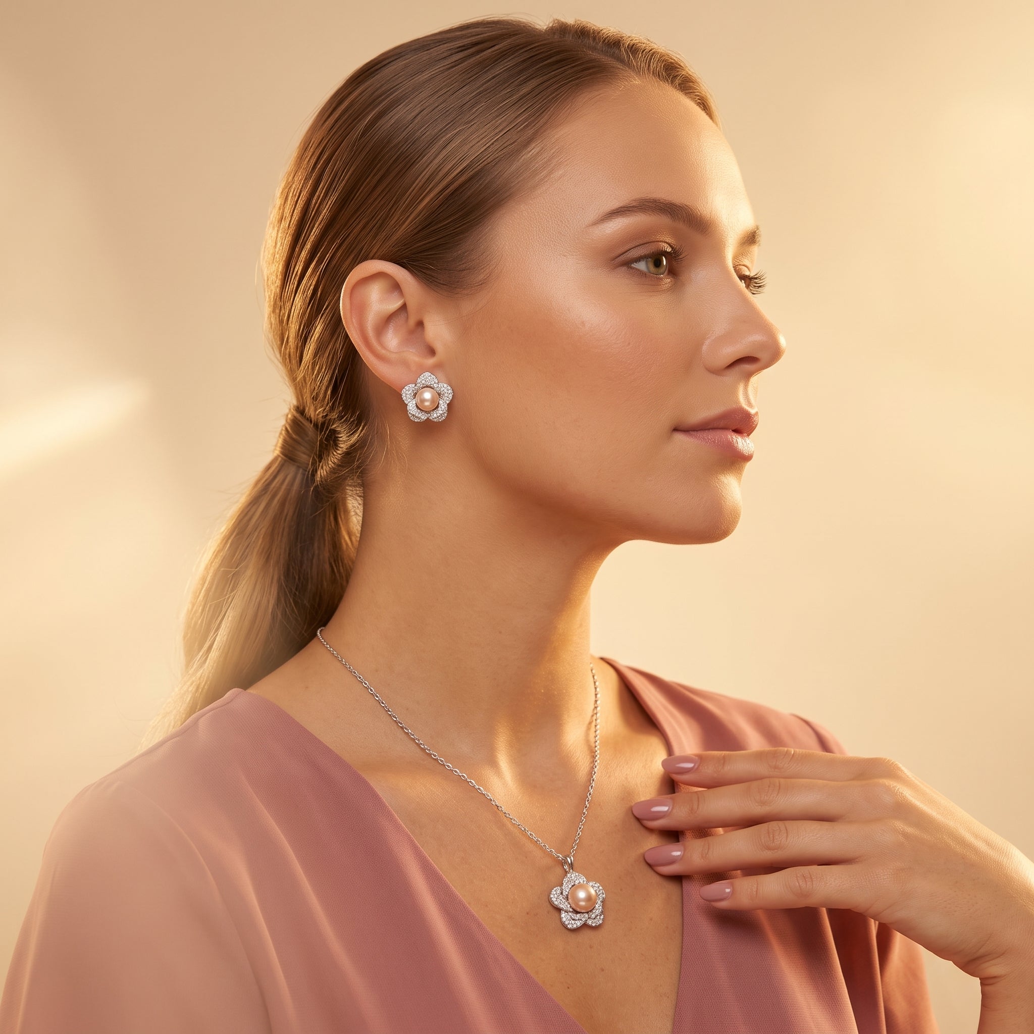 Pink pearl flower necklace, earrings and ring set