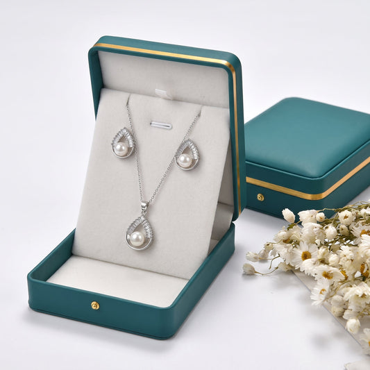 White pearl baguette teardrop necklace and earrings set