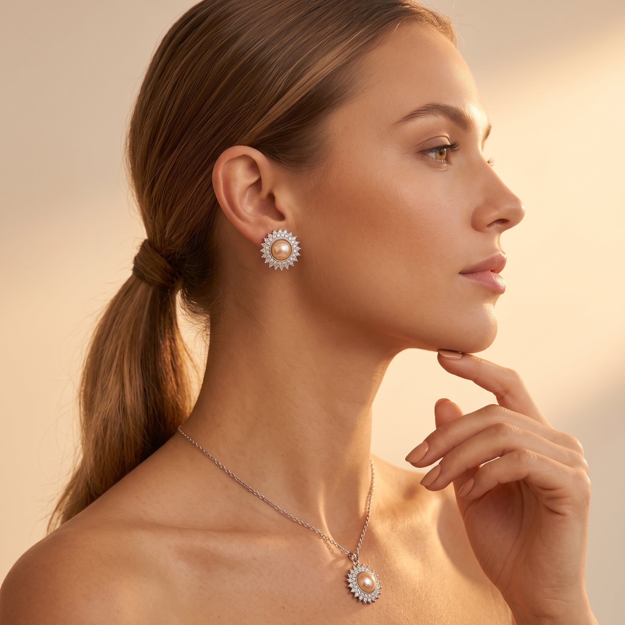 Real pearl silver starburst necklace, earrings and ring set