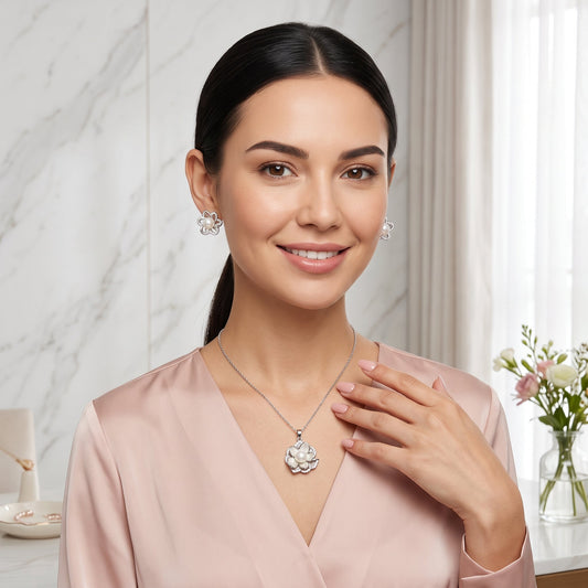 White pearl mother-of-pearl blossom necklace and earrings set