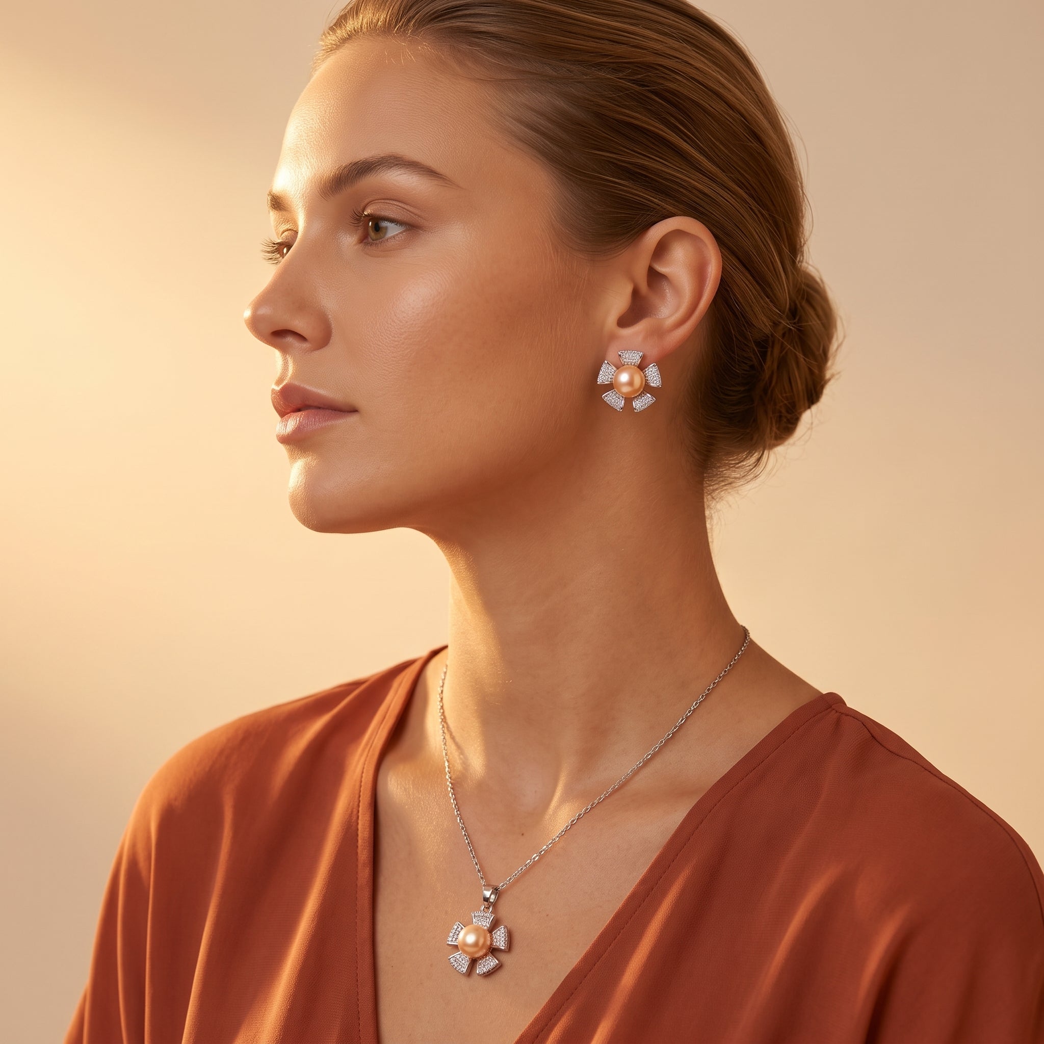 Peach pearl pinwheel flower jewelry set