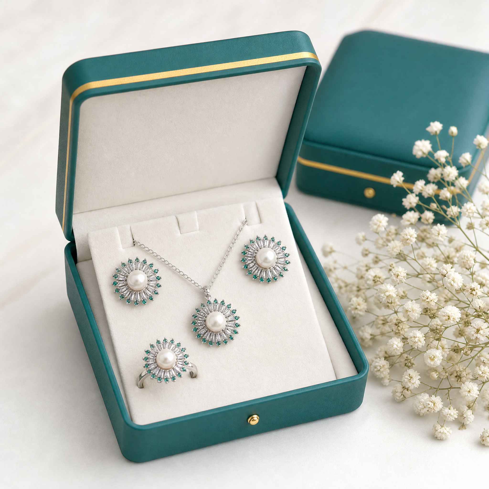 White pearl emerald sunburst necklace, earrings and ring set