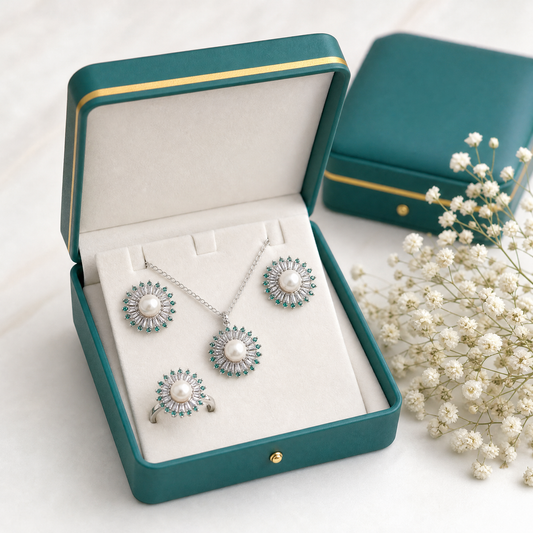 White pearl emerald sunburst necklace, earrings and ring set