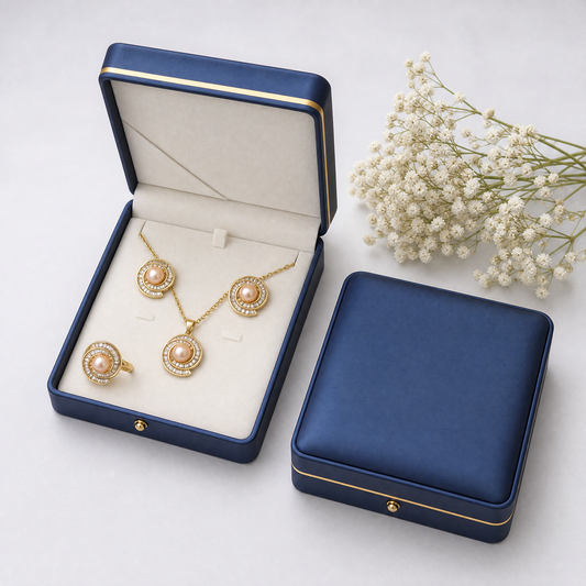 Peach pearl gold swirl halo jewelry set
