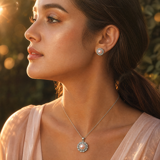 Peach pearl scalloped halo jewelry set