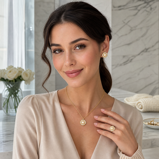 Real pearl gold square halo necklace, earrings and ring set