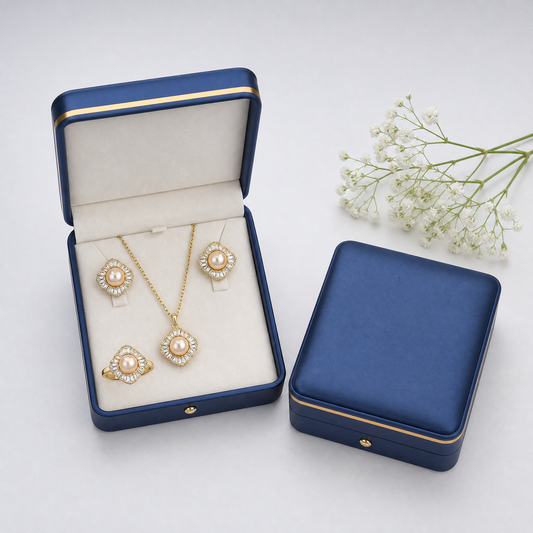 Real pearl gold square halo necklace, earrings and ring set