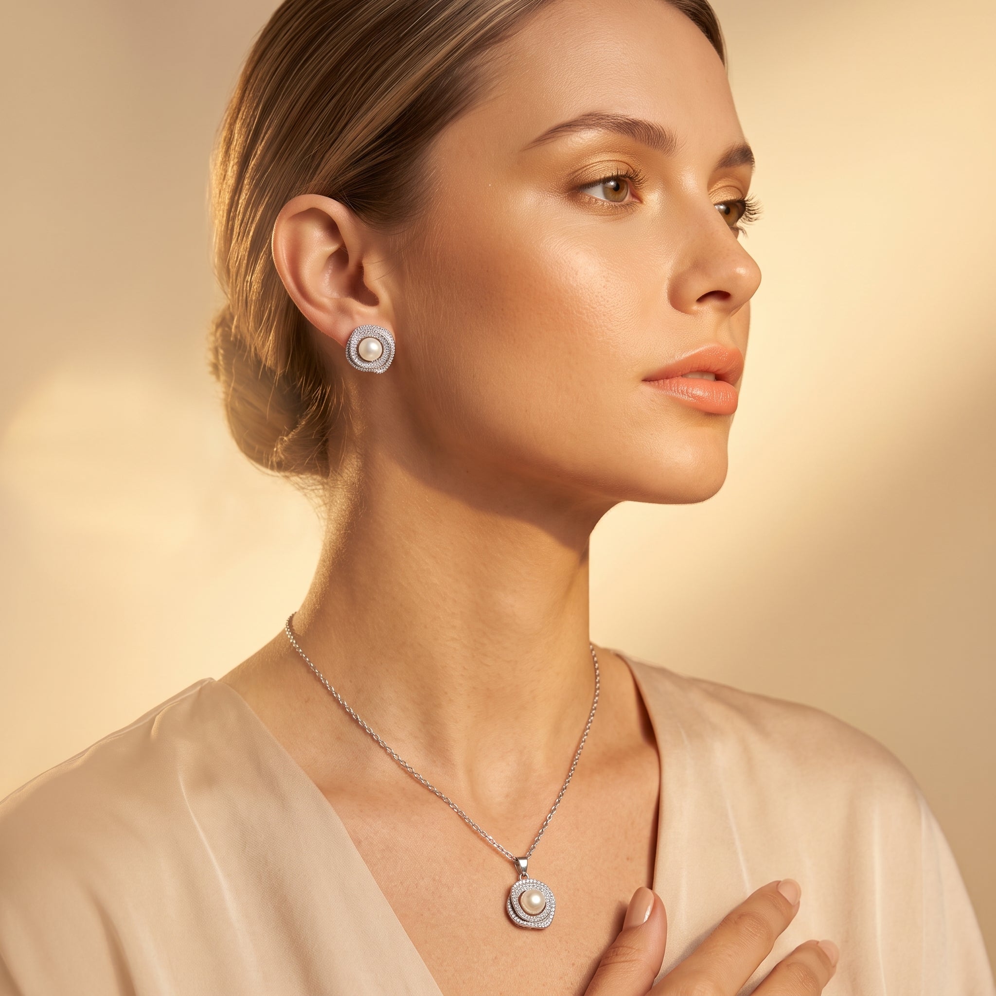 White pearl swirl rosette necklace, earrings and ring set
