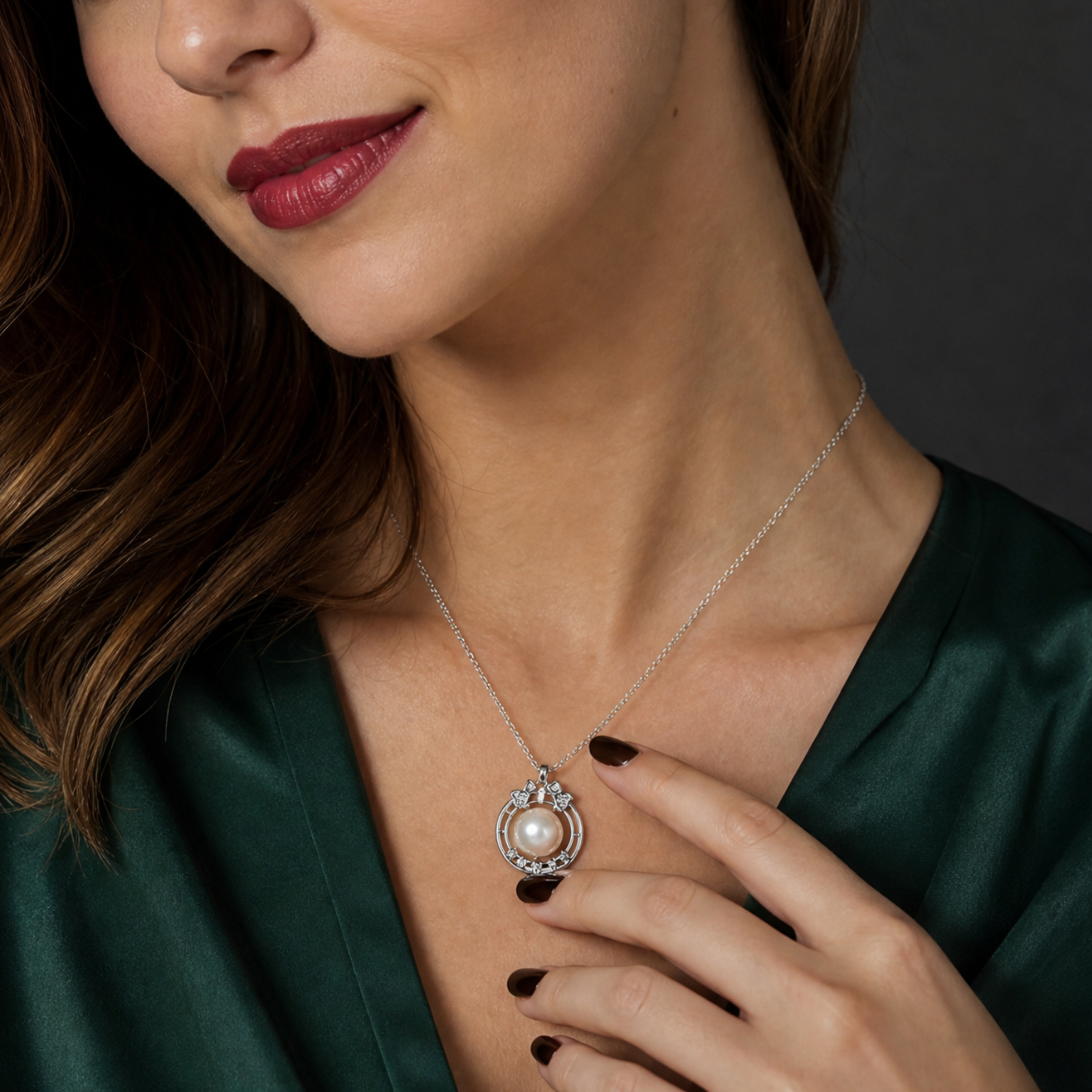 Pearl circle halo pendant necklace and stud earrings set