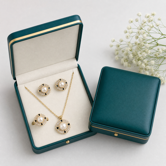 Art deco pearl jewelry set in gold and black