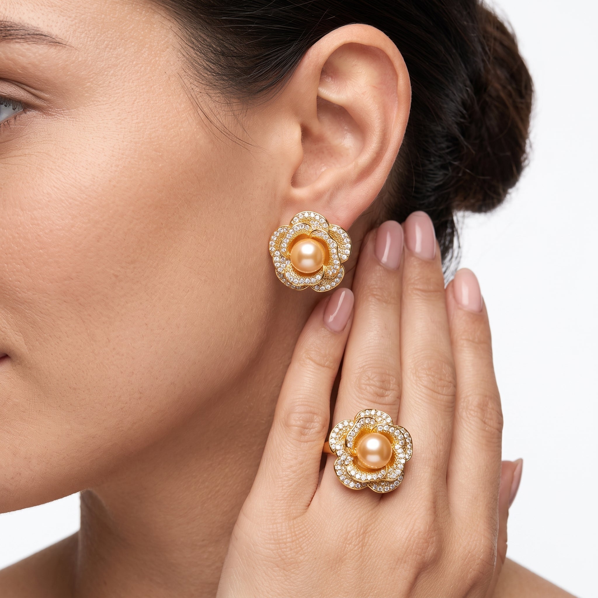 Golden pearl rose flower necklace, earrings and ring set