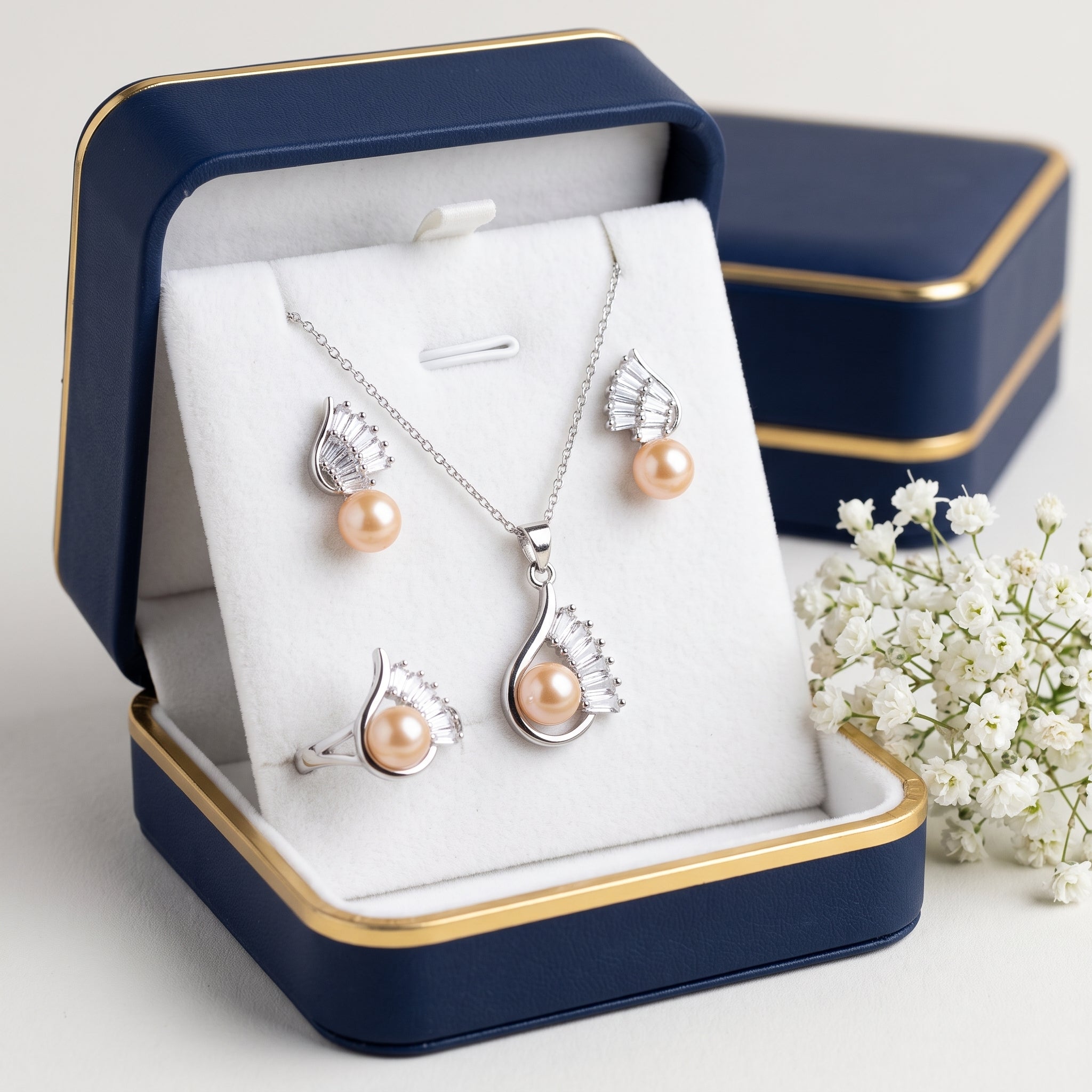 Blush pearl fan wing drop jewelry set