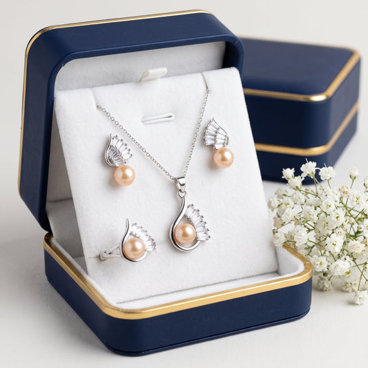 Blush pearl fan wing drop jewelry set