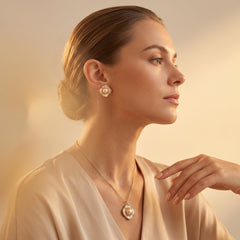 Real pearl gold square halo necklace, earrings and ring set